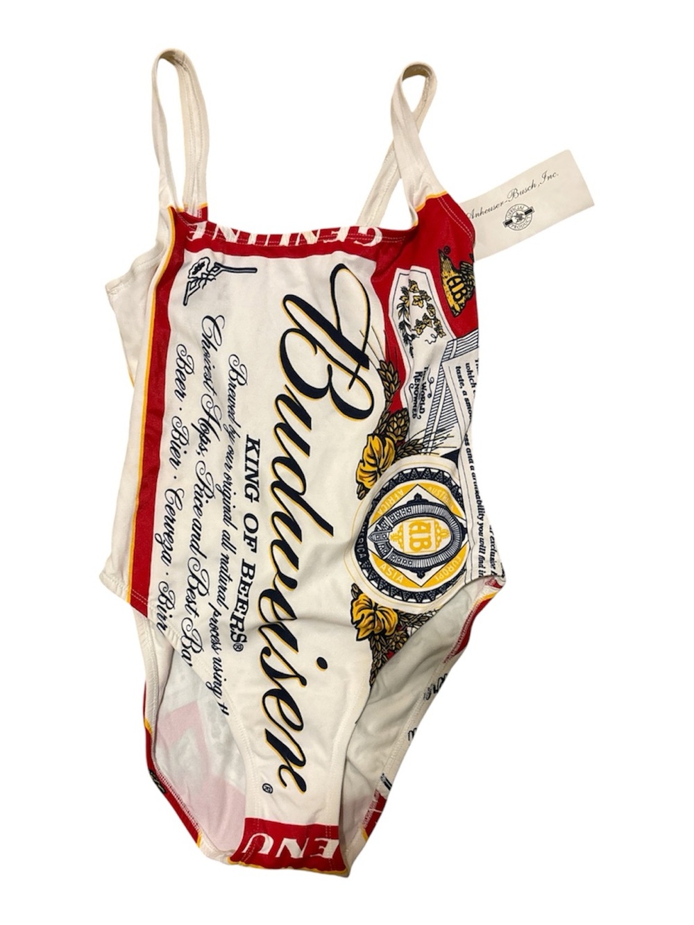 Vintage 1990s Budweiser Red, Cream & Yellow One-Piece Bathing suit